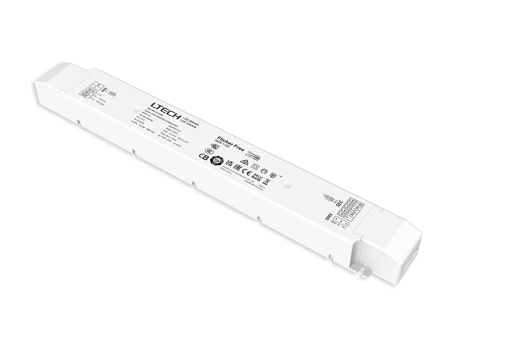 DMX512/RDM, DALI-2 DT6/DT8, Push DIM/RGB, 0-100% Dim  Constant voltage  24V 150W 6.25A,200-240Vac , IP20, 5yrs Warranty
